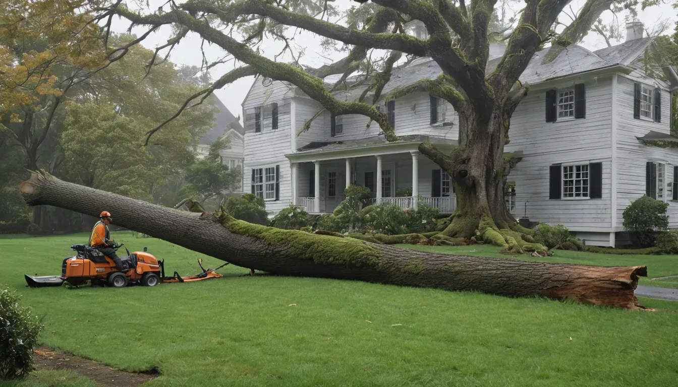 Fallen tree trunk across a suburban yard near a colonial home in Gaithersburg after a storm